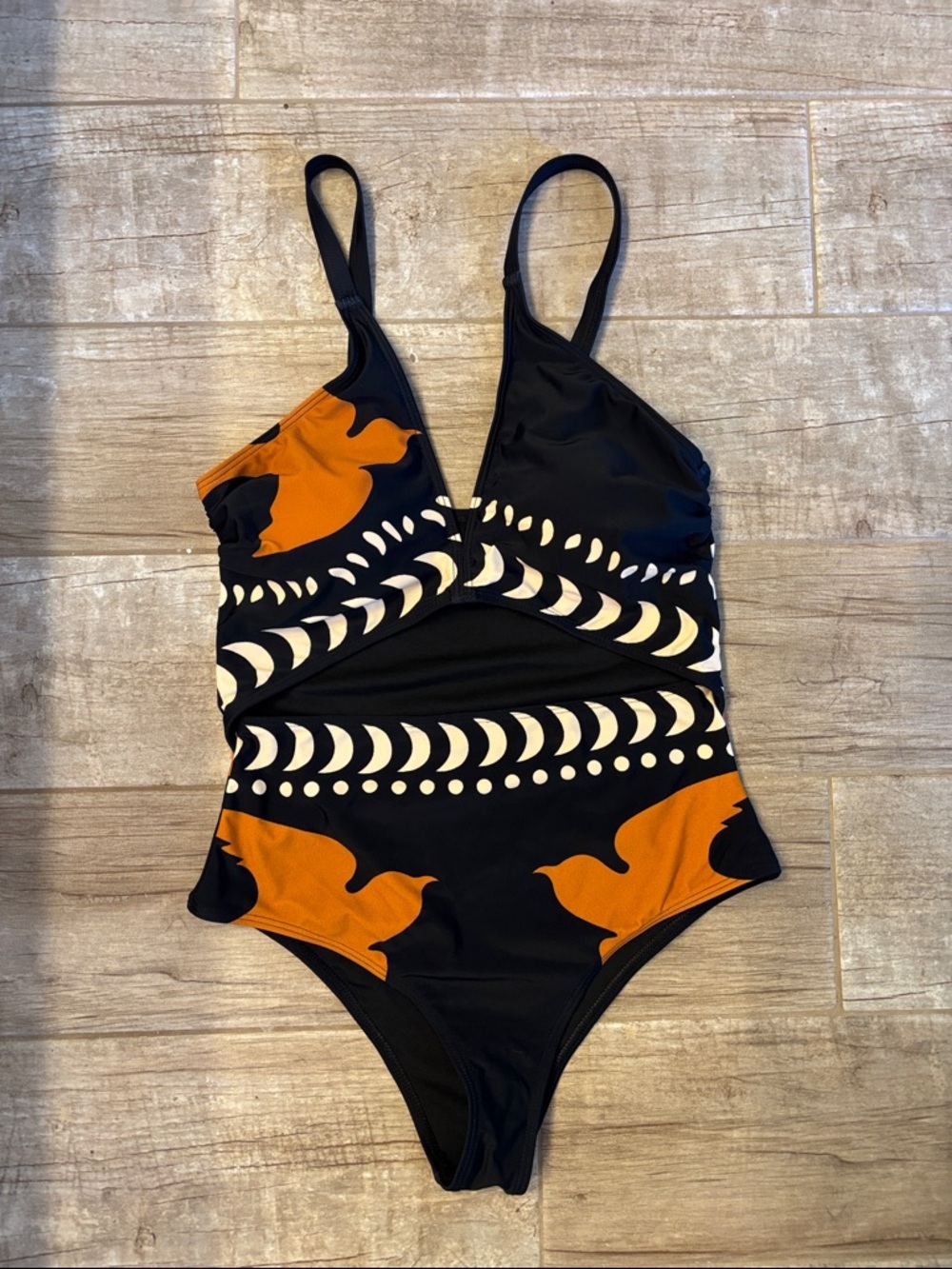 Commense Black One-Piece with Orange & Cream Graphic Print- NWT